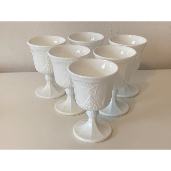 White Milk Glass Water Goblet Stemware Grapes Leaves Replacement Vintage - Picture 11 of 12